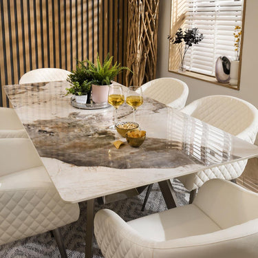 Quatropi 6 Seat White Ceramic Marble Dining Table And Chairs Set Leather 180cm