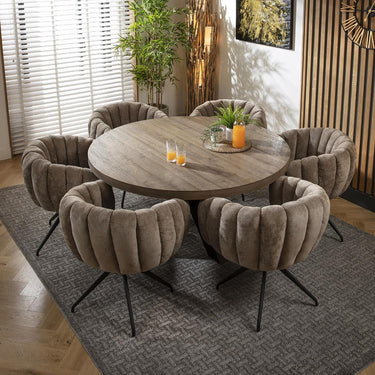 Quatropi 6 Seat Wooden Round Dining Set Reclaimed Oak Dining Table and Chairs Brown