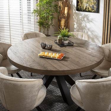 Quatropi 6 Seat Wooden Round Dining Set Reclaimed Oak Dining Table and Chairs Cream
