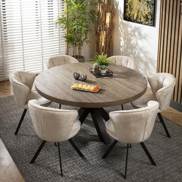 Quatropi 6 Seat Wooden Round Dining Set Reclaimed Oak Dining Table and Chairs Cream