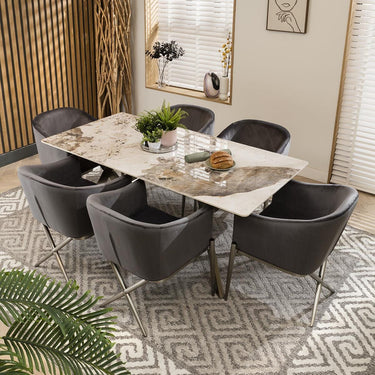 Quatropi 6 Seater Ceramic Marble Dining Table And Chairs Set Grey Velvet 180cm