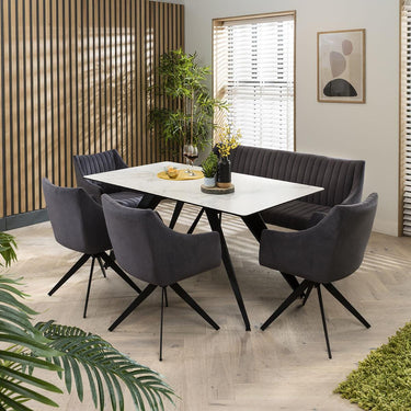 Quatropi 6 Seater Dining Table With Bench And Chairs Set - White Ceramic Marble