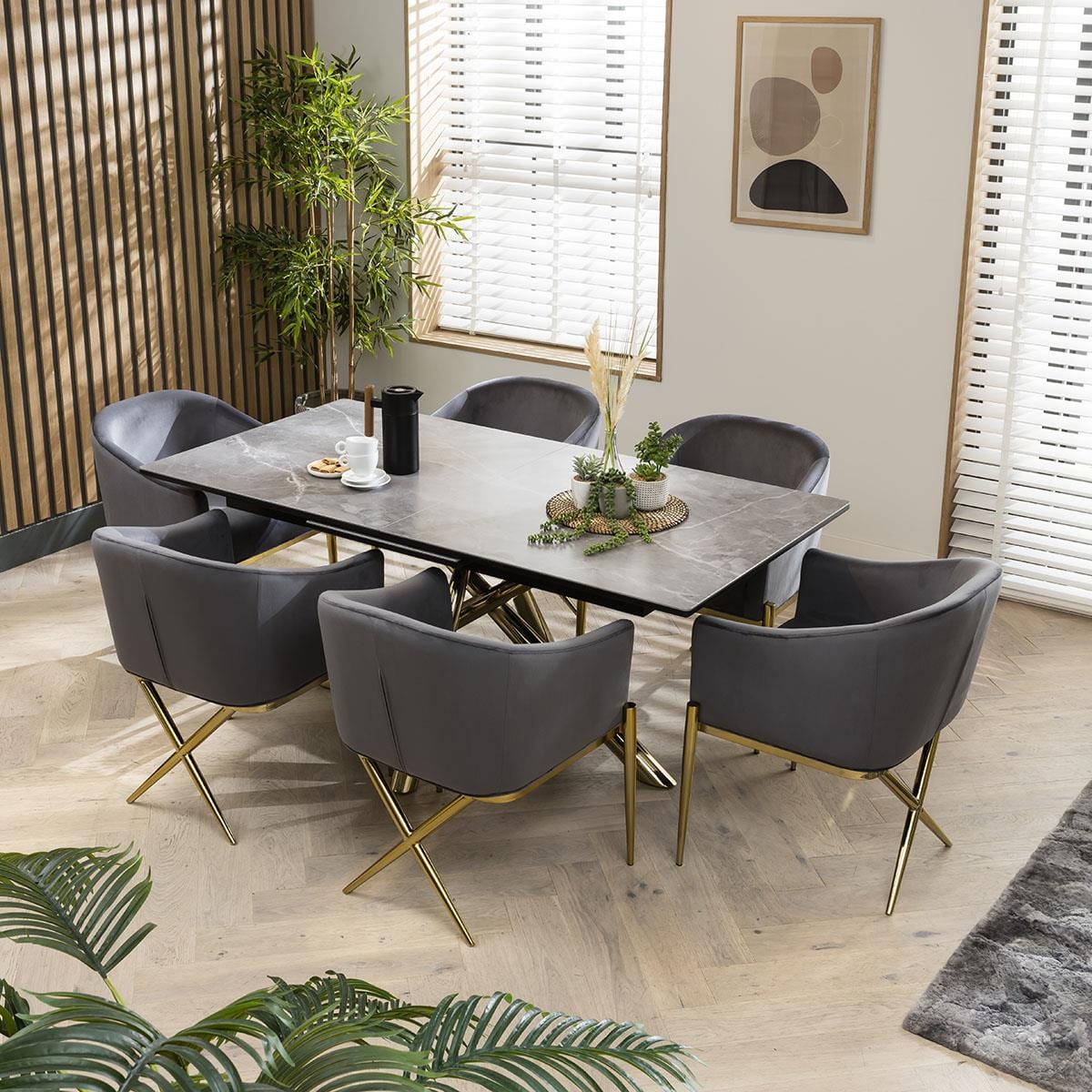 Quatropi 6 Seater Extendable Dining Set - Grey Ceramic Table - Premium Velvet Chairs