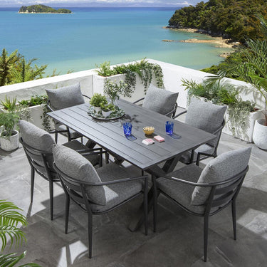 Quatropi 6 Seater Garden Table and Chairs Dining Set Grey Wood Effect Aluminium