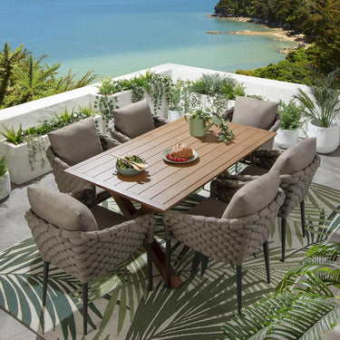 Quatropi 6 Seater Garden Table and Chairs Dining Set Oak Wood Effect Aluminium