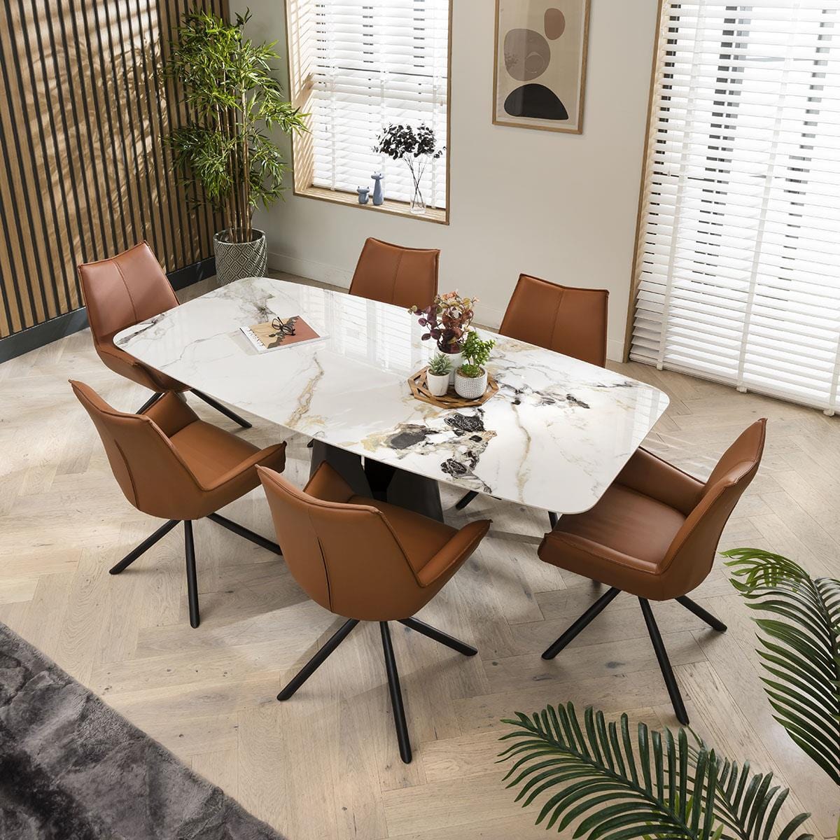 Quatropi 6 Seater Large Dining Set - Ceramic Marble Dining Table - Swivel Leather Chairs