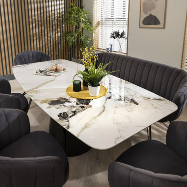 Quatropi 6 Seater Modern Bench Dining Set With Grey Chairs - Ceramic Marble Dining Table