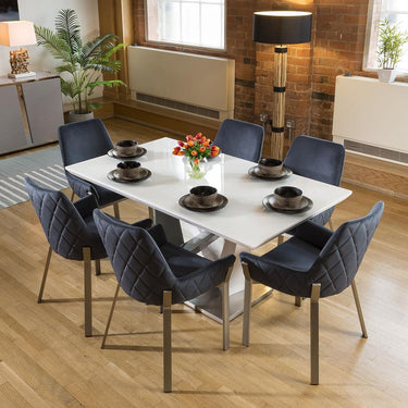 Quatropi 6 Seater Modern Glass Table And Chairs Dining Set White Blue Fabric