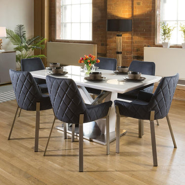 Quatropi 6 Seater Modern Glass Table And Chairs Dining Set White Blue Fabric