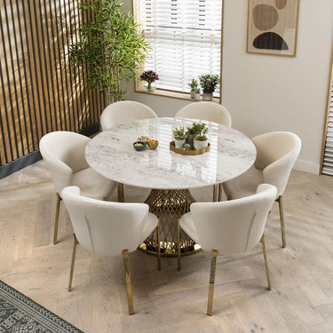 Quatropi 6 Seater Modern Round Premium White Ceramic Gold Pedestal Dining Set 135cm