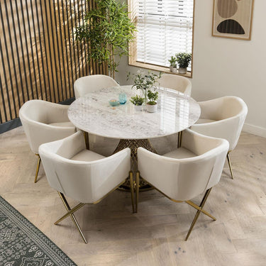 Quatropi 6 Seater Modern Round Premium White Ceramic Pedestal Dining Set 135cm