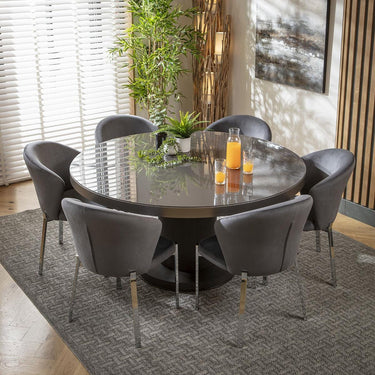 Quatropi 6 Seater Round Dining Set Gloss Glass Dining Table and Chairs Grey Velvet