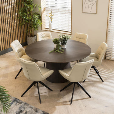 Quatropi 6 Seater Round Dining Table And Leather Swivel Chair Dining Set Cream