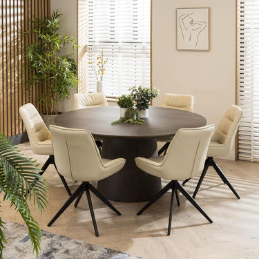Quatropi 6 Seater Round Dining Table And Leather Swivel Chair Dining Set Cream