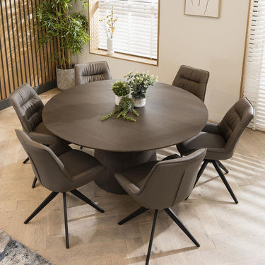 Quatropi 6 Seater Round Dining Table And Leather Swivel Chair Dining Set Grey