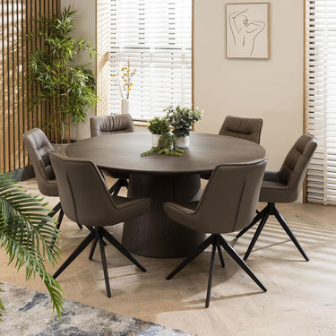 Quatropi 6 Seater Round Dining Table And Leather Swivel Chair Dining Set Grey
