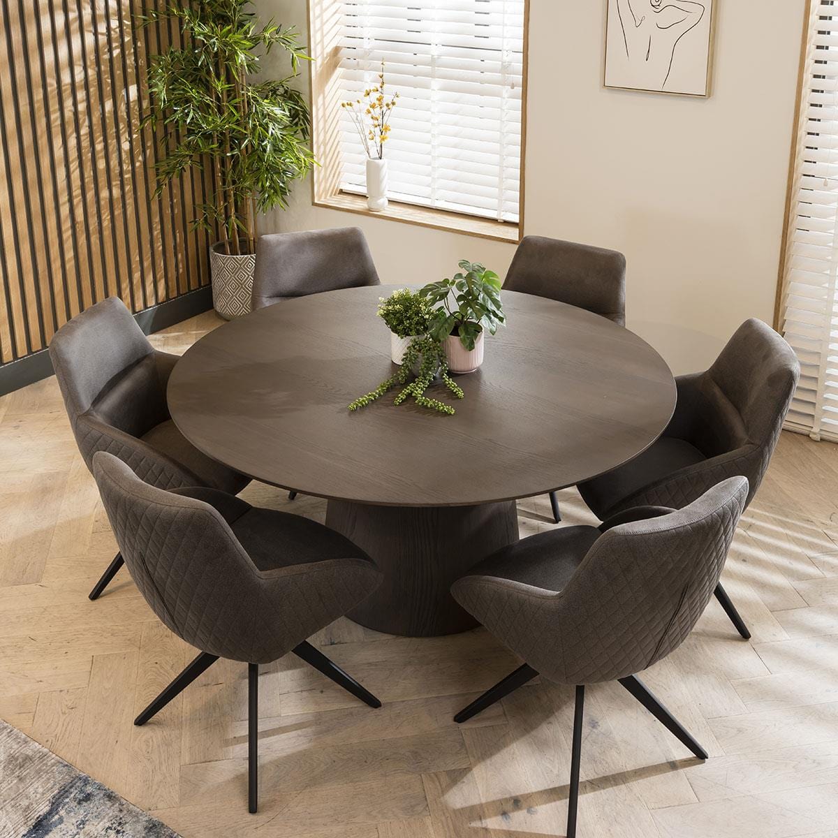 6 Seater Round Dining Table And Swivel Chair Dining Set For Six Brown ...
