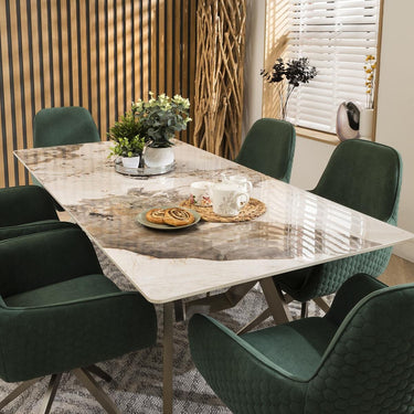 Quatropi 6 Seater White Ceramic Dining Table And Chairs Set Green Velvet 180cm
