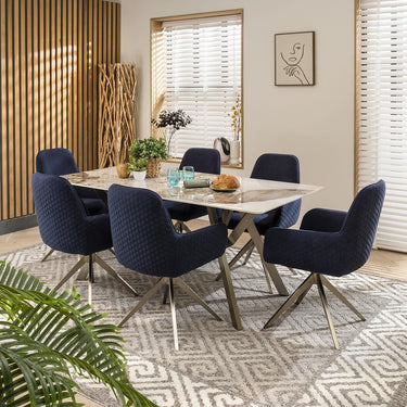 Quatropi 6 Seater White Ceramic Dining Table And Chairs Set Navy Velvet 180cm