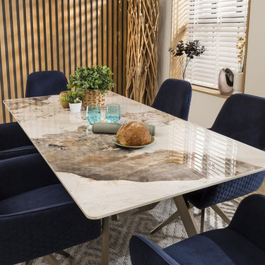 Quatropi 6 Seater White Ceramic Dining Table And Chairs Set Navy Velvet 180cm