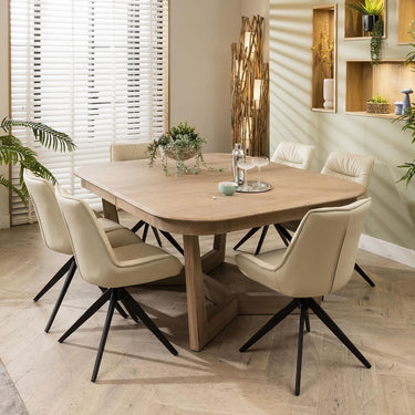 Quatropi 6 Seater Wooden Extending Dining Table Natural Cream Leather Chair Set