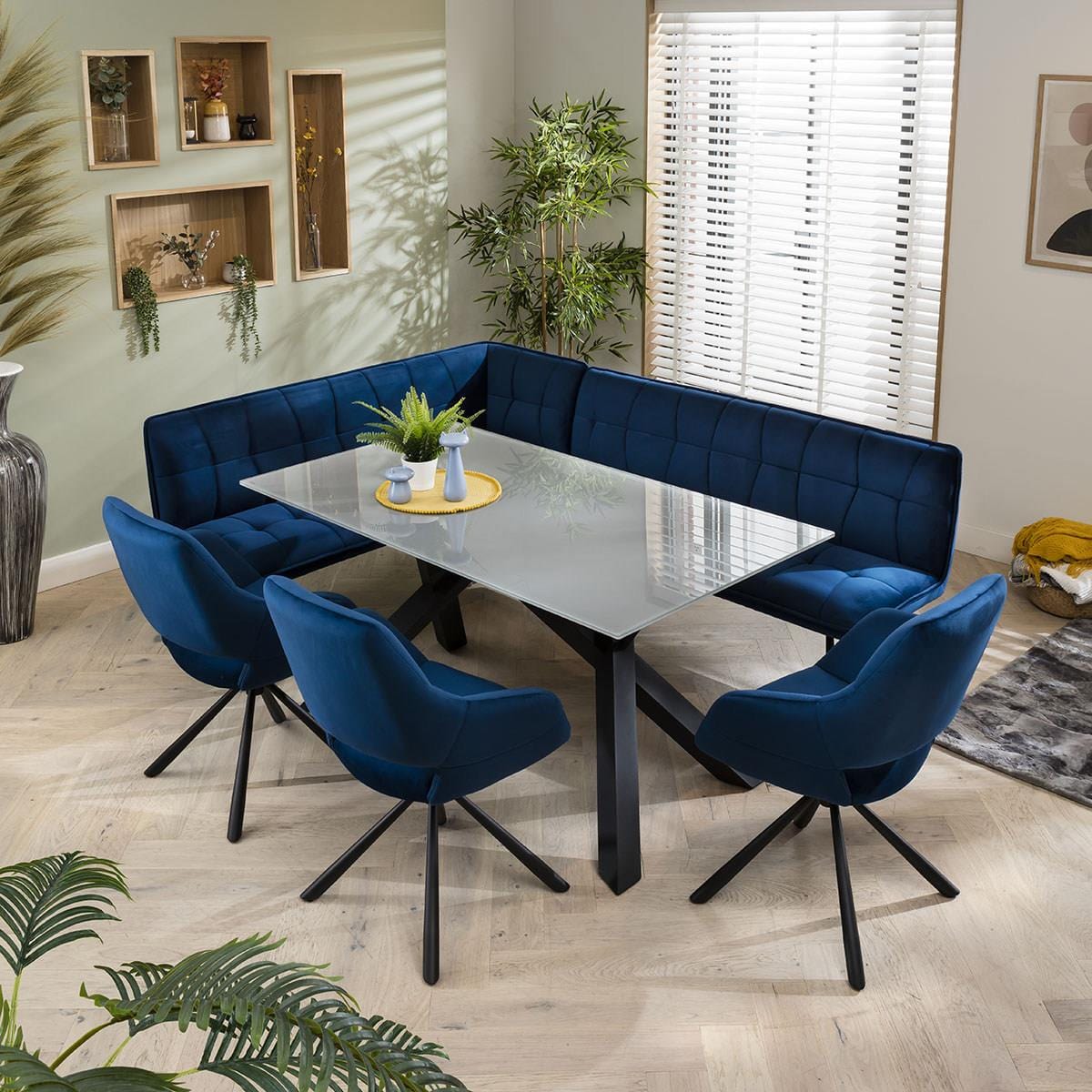 Quatropi 7 Seater Dining Table With Blue Velvet Corner Bench And Chairs Grey Glass (R)