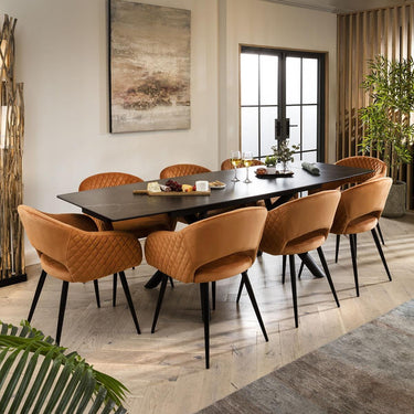 Quatropi 8 Chair Modern Dining Set Extending Ceramic Marble Black Orange Velvet