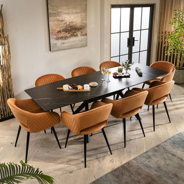 Quatropi 8 Chair Modern Dining Set Extending Ceramic Marble Black Orange Velvet