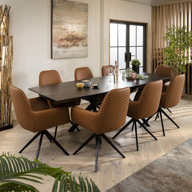 Quatropi 8 Chair Modern Dining Set Extending Ceramic Marble Black Tan Leather