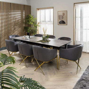 Quatropi 8 Person Extendable Dining Set - Grey Ceramic Table - Premium Velvet Chairs