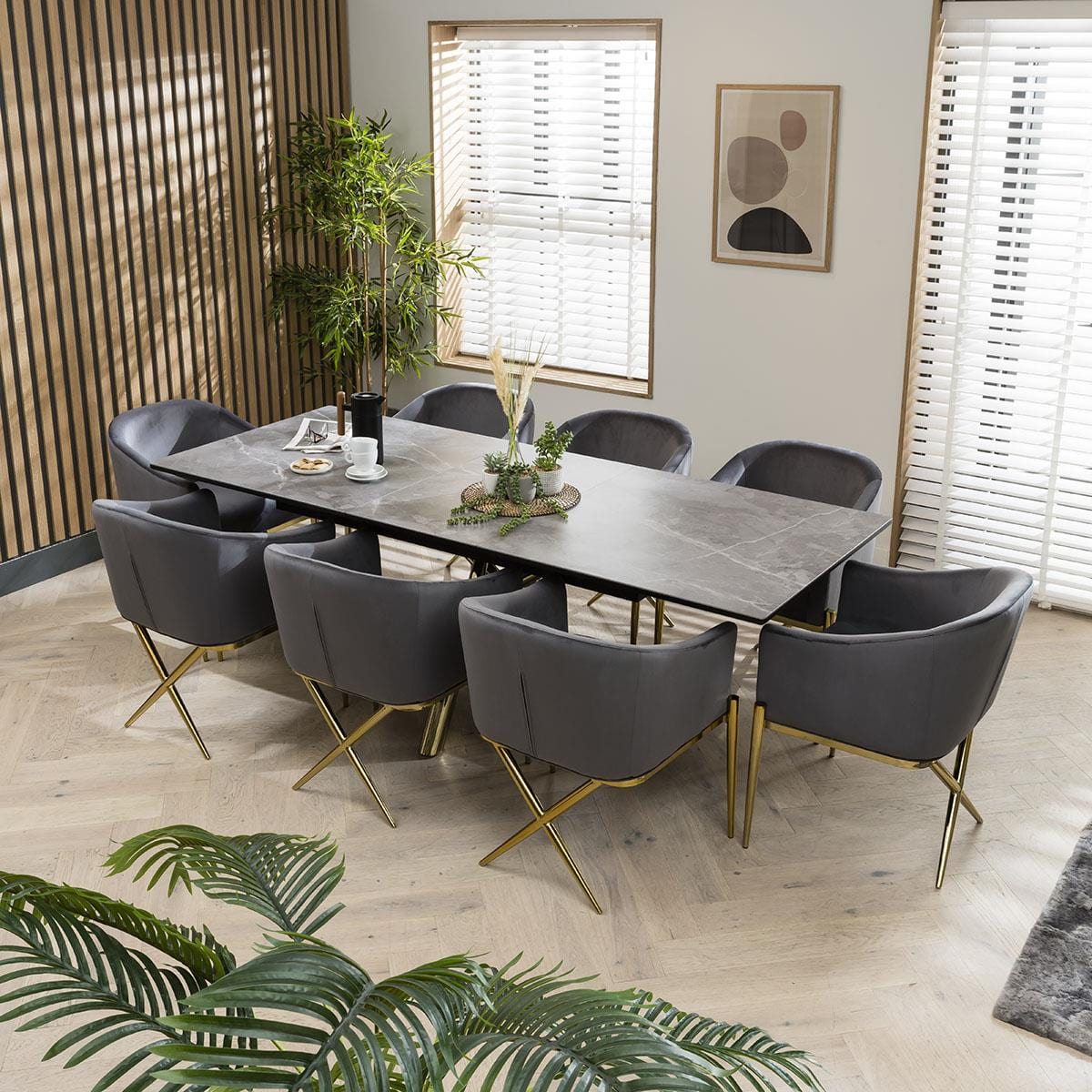 Quatropi 8 Person Extendable Dining Set - Grey Ceramic Table - Premium Velvet Chairs