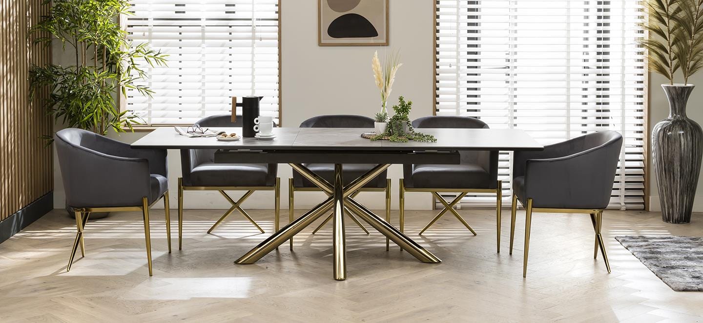 Quatropi 8 Person Extendable Dining Set - Grey Ceramic Table - Premium Velvet Chairs