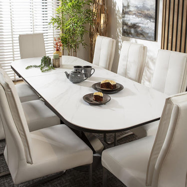 Quatropi 8 Seat Extendable Dining Set Ceramic Dining Table and Chairs White Leather