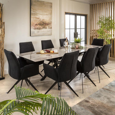 Quatropi 8 Seat Extending Ceramic Marble Dining Set Grey Black Velvet 160-240cm