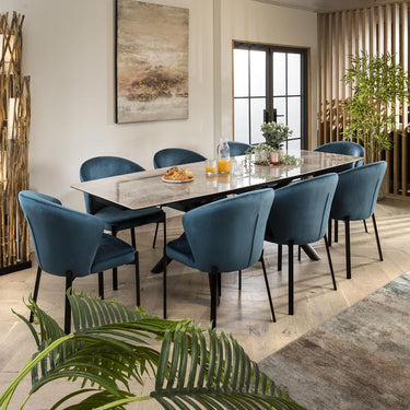 Quatropi 8 Seat Extending Ceramic Marble Dining Set Grey Blue Velvet 160-240cm
