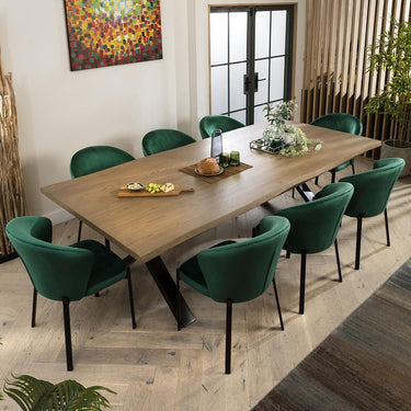 Quatropi 8 Seat Live Edge Stained Solid Wooden Dining Table & Chairs Set Green
