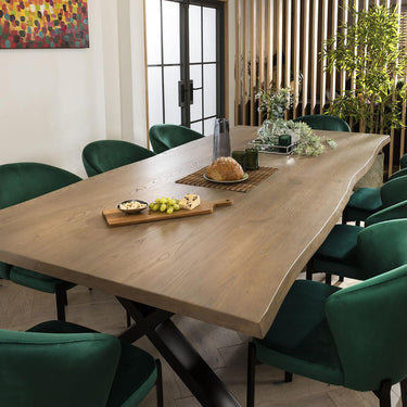 Quatropi 8 Seat Live Edge Stained Solid Wooden Dining Table & Chairs Set Green