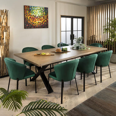 Quatropi 8 Seat Live Edge Stained Solid Wooden Dining Table & Chairs Set Green