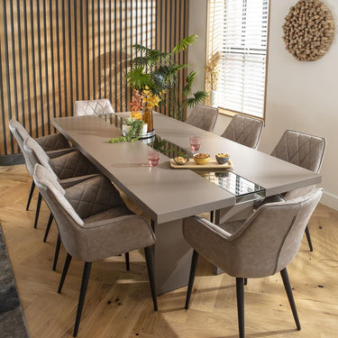 Quatropi 8 Seat Modern Glass River Dining Table and Chair Set Light Grey Taupe