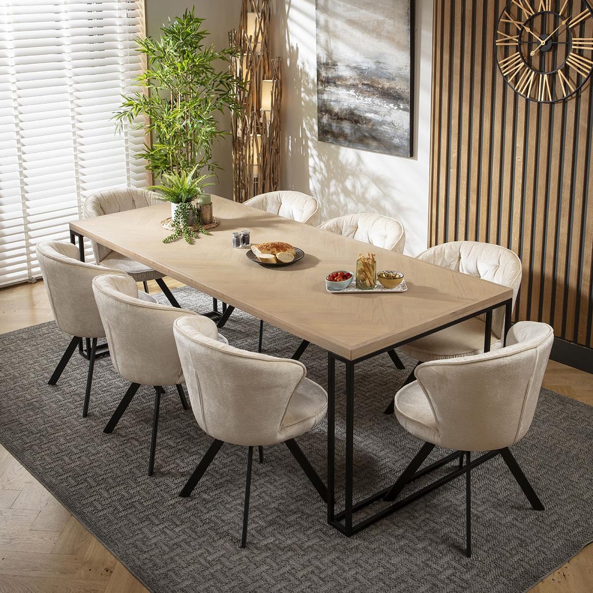 8 Seat Solid Wood Dining Set Herringbone Dining Table and Chairs Cream ...