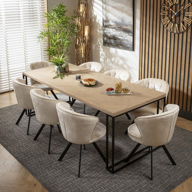 Quatropi 8 Seat Solid Wood Dining Set Herringbone Dining Table and Chairs Cream