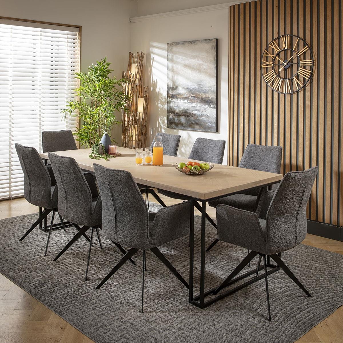 8 Seat Solid Wood Dining Set Herringbone Dining Table and Chairs Grey ...