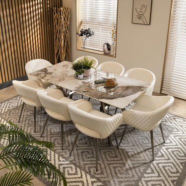 Quatropi 8 Seat White Ceramic Marble Dining Table And Chairs Set Leather 180cm