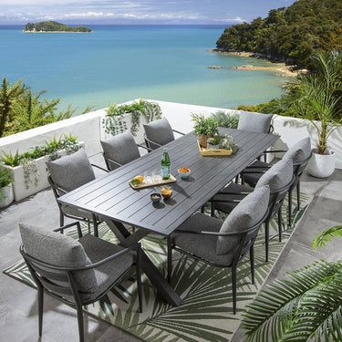 Quatropi 8 Seater Garden Table and Chairs Dining Set Grey Wood Effect Aluminium