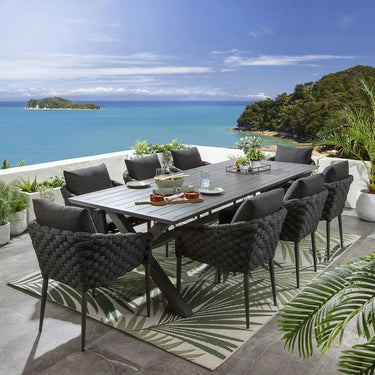 Quatropi 8 Seater Garden Table and Chairs Dining Set Grey Wood Effect Aluminium