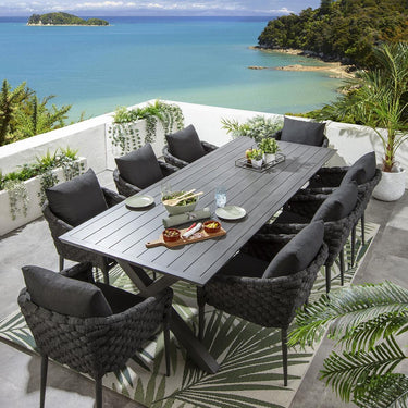 Quatropi 8 Seater Garden Table and Chairs Dining Set Grey Wood Effect Aluminium