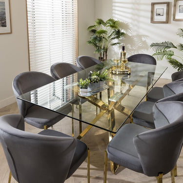 Quatropi 8 Seater Large Gold Pedestal Glass Table & Grey Velvet Chairs