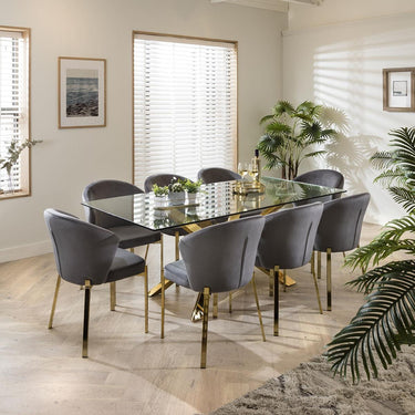 Quatropi 8 Seater Large Gold Pedestal Glass Table & Grey Velvet Chairs