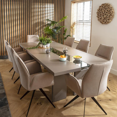 Quatropi 8 Seater Modern Glass River Dining Table and Chair Set Mink Beige