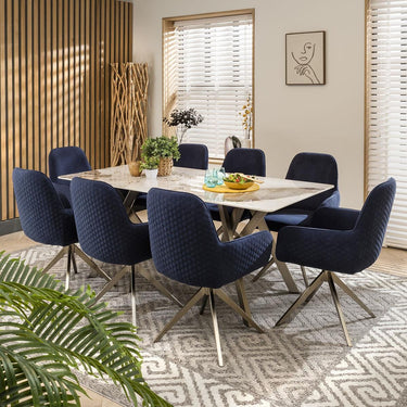 Quatropi 8 Seater White Ceramic Dining Table And Chairs Set Navy Velvet 180cm